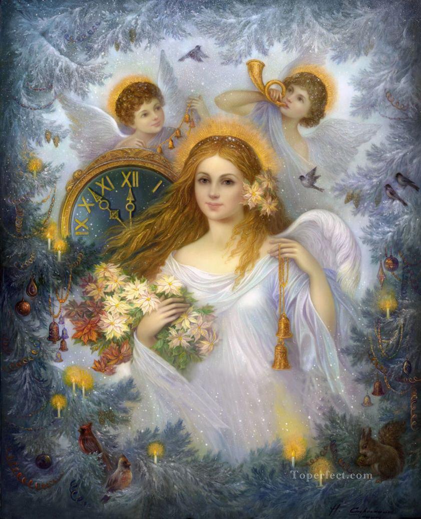 Christmas Angel with birds and rabbit Fantasy Oil Paintings